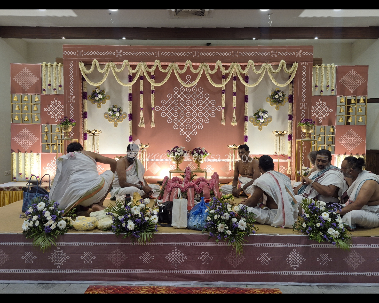 Front view of traditional stage decoration at Kuudam AC Hall Coimbatore for Sashtiabdapoorthy